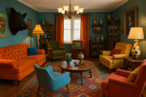 A colorful, eclectic living room filled with strange decorations and mismatched furniture.