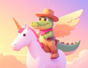 a cartoon alligator riding a unicorn