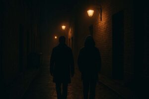 two people meeting in a dark alley