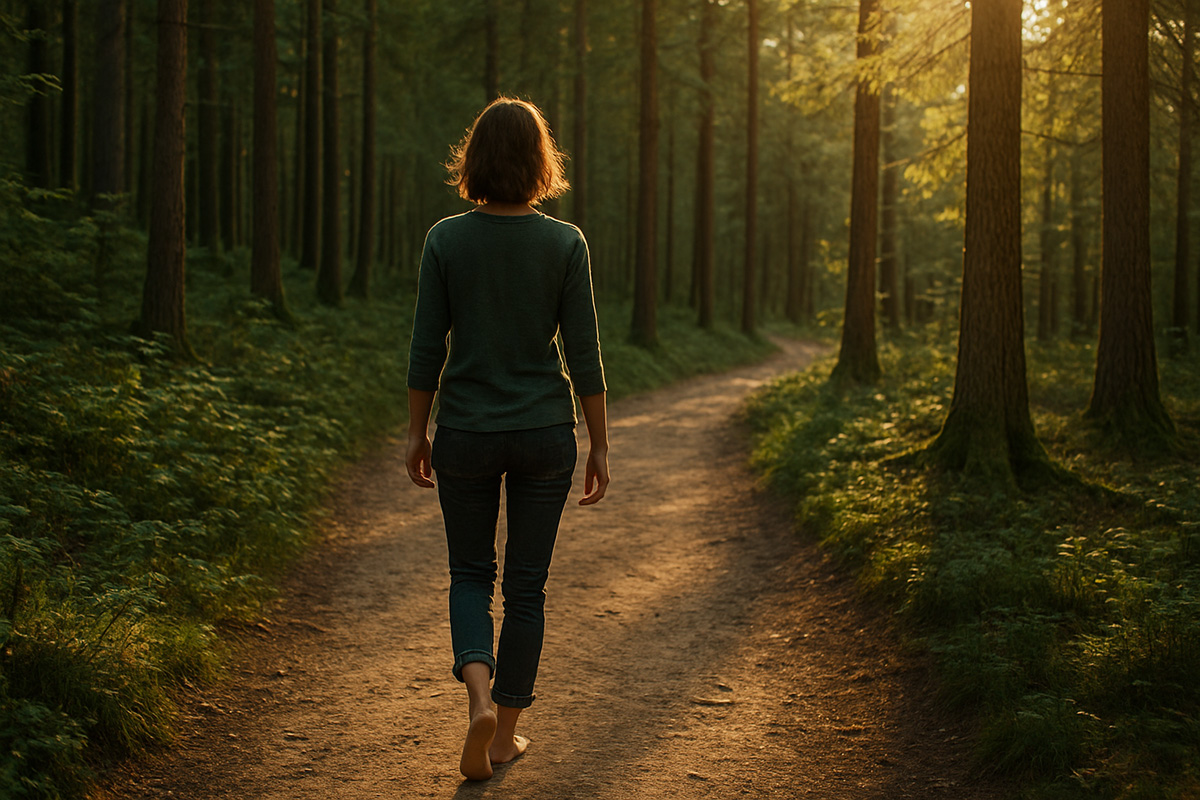 Person walking barefoot down a sunlit forest path, symbolizing wonder and exploration.