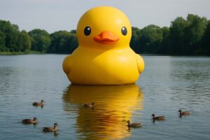 a giant duck floating on a lake with real ducks