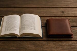 An open book next to a wallet on a wooden desk, symbolizing the balance of learning and value in society.