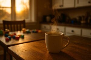 “Morning coffee in a messy kitchen with sunrise light—representing confidence, sarcasm, and the start of the day.”