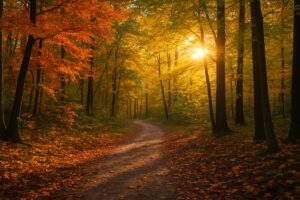 A scenic forest path in early autumn, with colorful leaves and sunlight filtering through the trees.