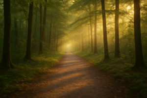 a wide path through a dense forest