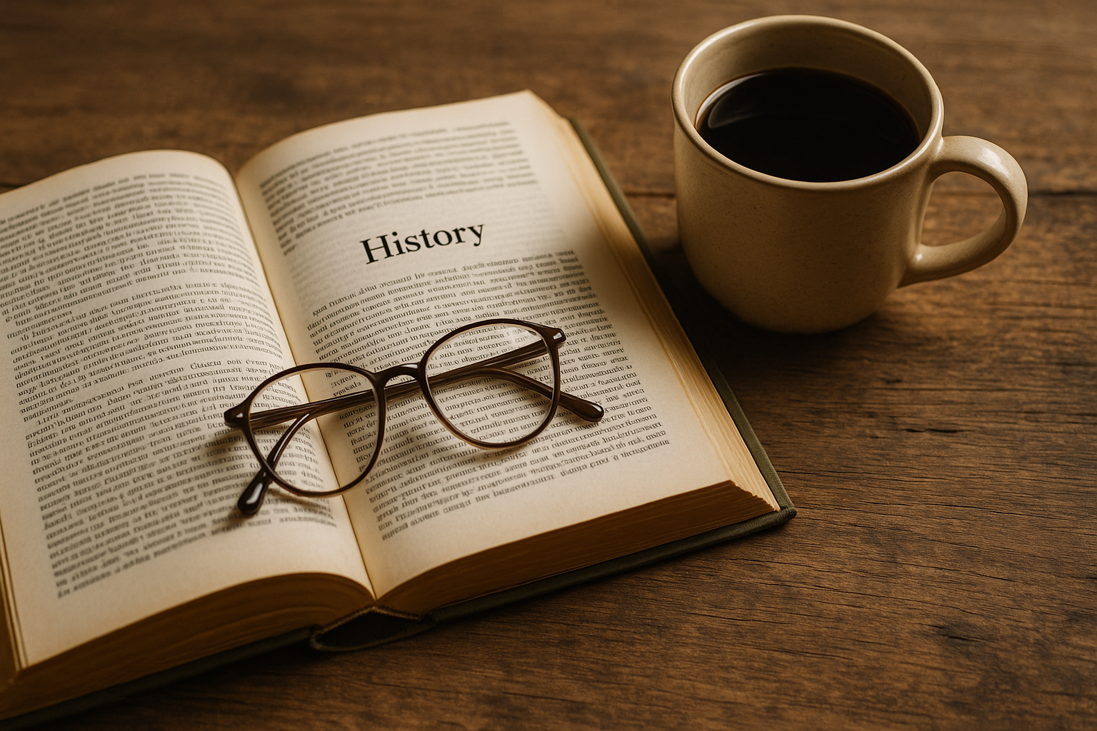 history-book - Low Two Pair Open history book with glasses and coffee on a wooden table, symbolizing reflection and learning.