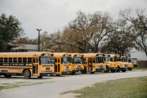 school buses lined up waiting for students