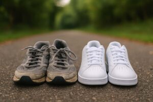 Old and new sneakers side by side on a walking path, symbolizing age, growth, and perspective.