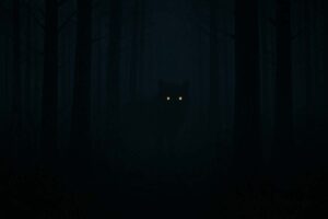 A shadowy animal with glowing eyes peering through a dark forest, symbolizing how fear changes when you face it.