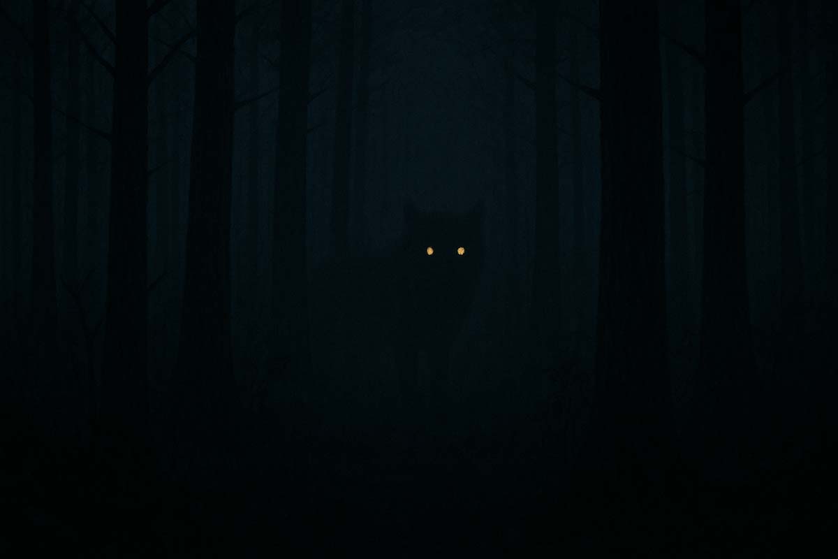 animal - Low Two Pair A shadowy animal with glowing eyes peering through a dark forest, symbolizing how fear changes when you face it.
