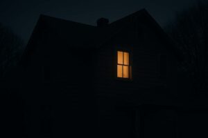 candle-house892dcd4b8c884e8b9658922d9dd2d195 - Low Two Pair A lone window illuminated in a dark, quiet house—symbolizing awareness that awakens in stillness.
