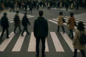 city-street - Low Two Pair A lone figure stands still in a busy crowd, choosing a different direction from everyone else