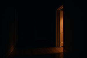 A dark, quiet hallway at midnight with a faint light casting eerie shadows.
