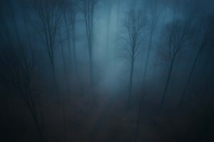 Soft fog drifting through dark trees in twilight, evoking mystery and the supernatural.