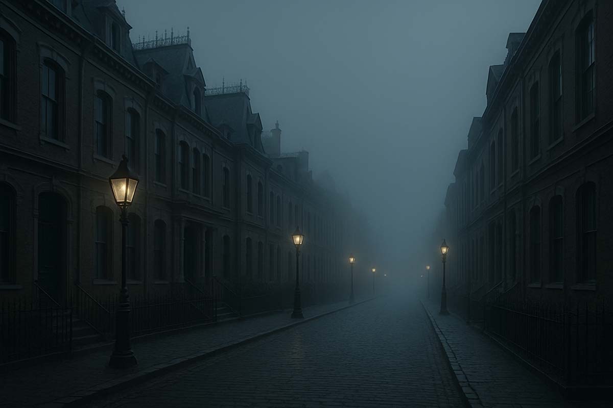 a foggy Victorian street