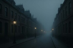a foggy Victorian street