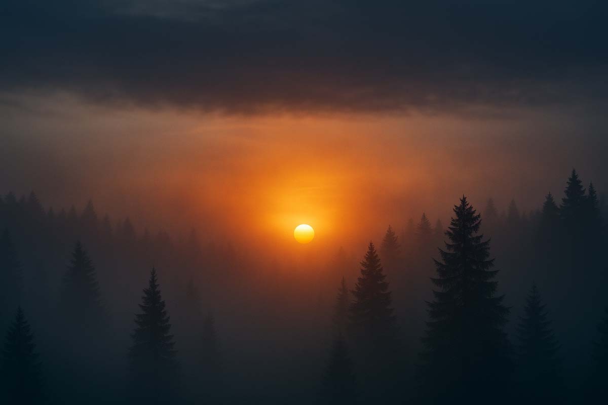 foggy-sunrise-1 - Low Two Pair The first rays of sunlight illuminating a misty forest after a long night, symbolizing hope after darkness.