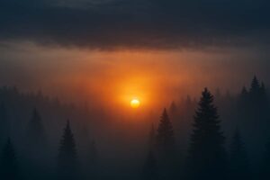 foggy-sunrisef2e4e22040f349238e111b9b1ca19b80 - Low Two Pair The first rays of sunlight illuminating a misty forest after a long night, symbolizing hope after darkness.