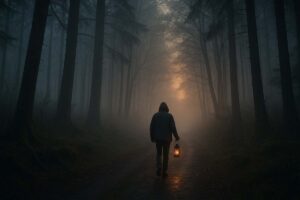 A solitary figure walking through misty woods at sunrise, symbolizing the act of confronting fear and moving through uncertainty.