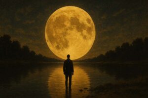 A solitary figure facing a full moon at night, symbolizing self-confrontation, exhaustion, and transformation.