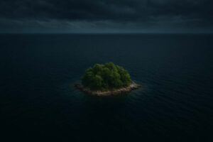 A tiny island surrounded by vast, dark ocean waters, symbolizing ignorance in the face of infinity.