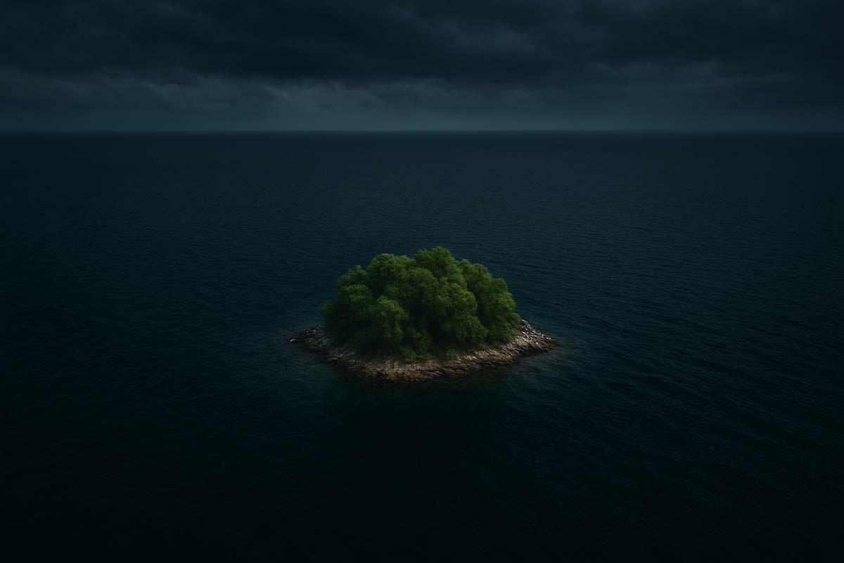 island - Low Two Pair A tiny island surrounded by vast, dark ocean waters, symbolizing ignorance in the face of infinity.