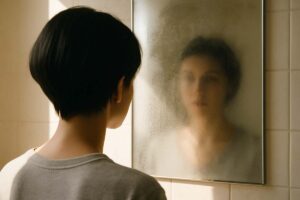 Person facing a fogged mirror as sunlight breaks through, symbolizing self-reflection and clarity.