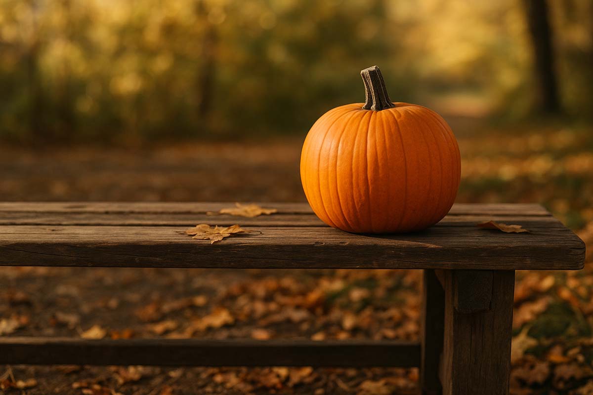 pumpkin-bench - Low Two Pair “A lone pumpkin resting on a wooden bench in autumn sunlight, symbolizing solitude and simplicity.