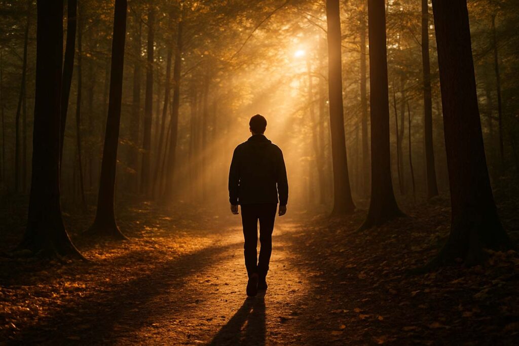 shadow-forestcc78decaa60d4469b266dd1b2a8aac25 - Low Two Pair A person walking through golden sunlight with their shadow extending behind them, symbolizing the balance between light and dark.