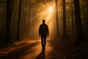 A person walking through golden sunlight with their shadow extending behind them, symbolizing the balance between light and dark.