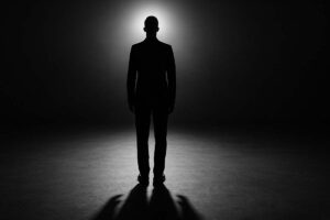 A person facing forward under a spotlight, their shadow behind them forming a darker, larger silhouette that symbolizes inner darkness.