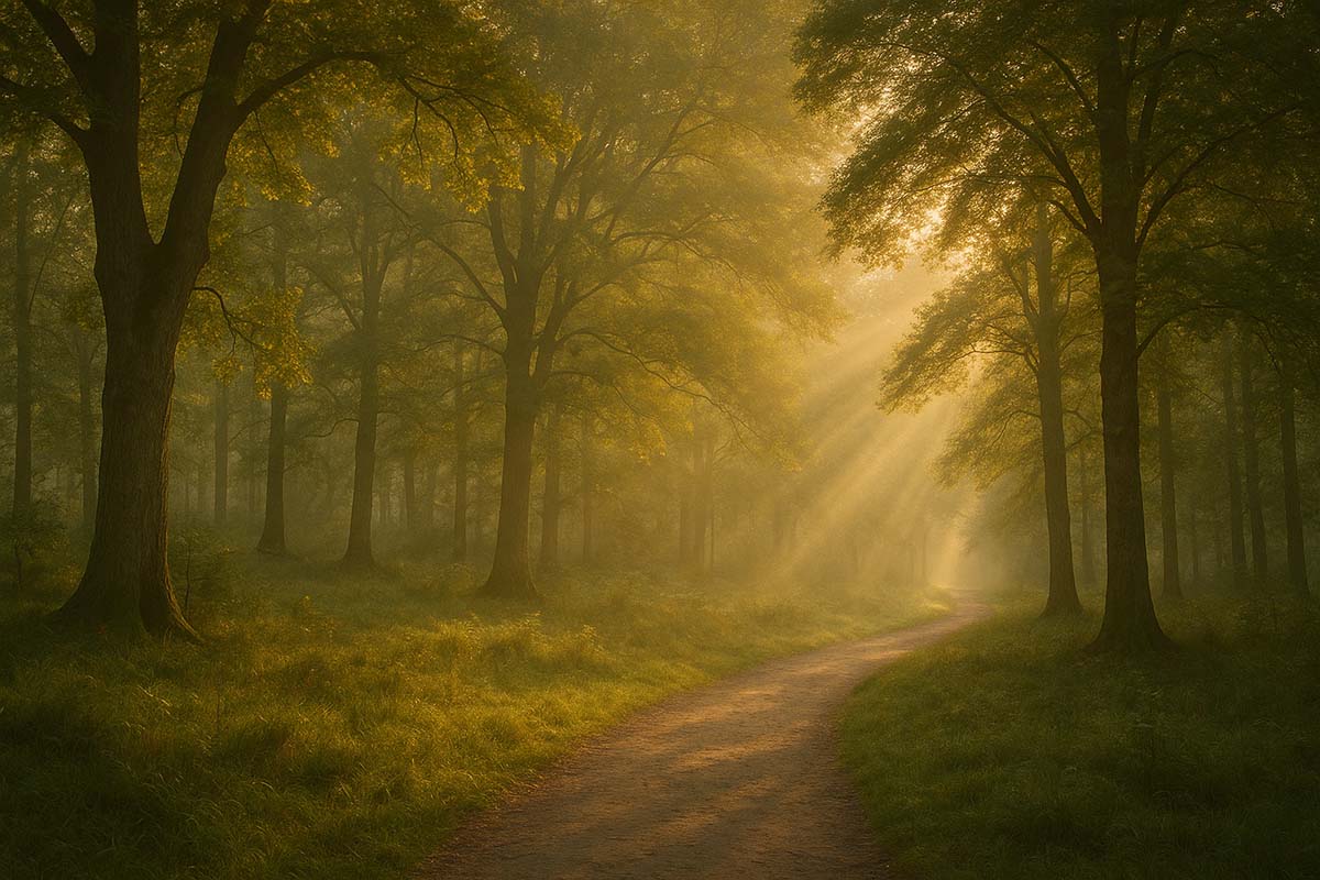 sunny-path - Low Two Pair Sunlight through trees on a quiet path symbolizing the magic in everyday life.