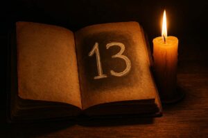 "Open book with number 13 written in chalk, symbolizing stories and superstition.