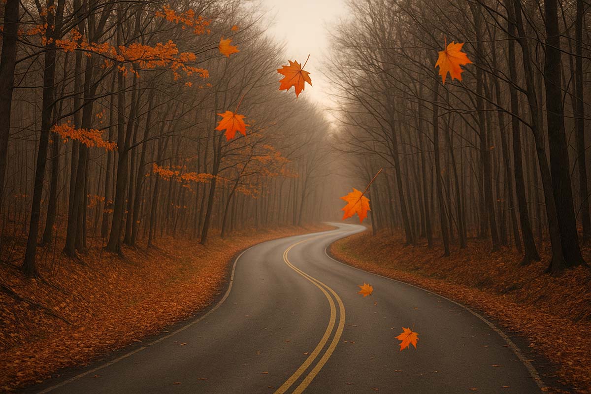 autumn-road - Low Two Pair A winding autumn road with the last leaves of fall before the arrival of winter.”