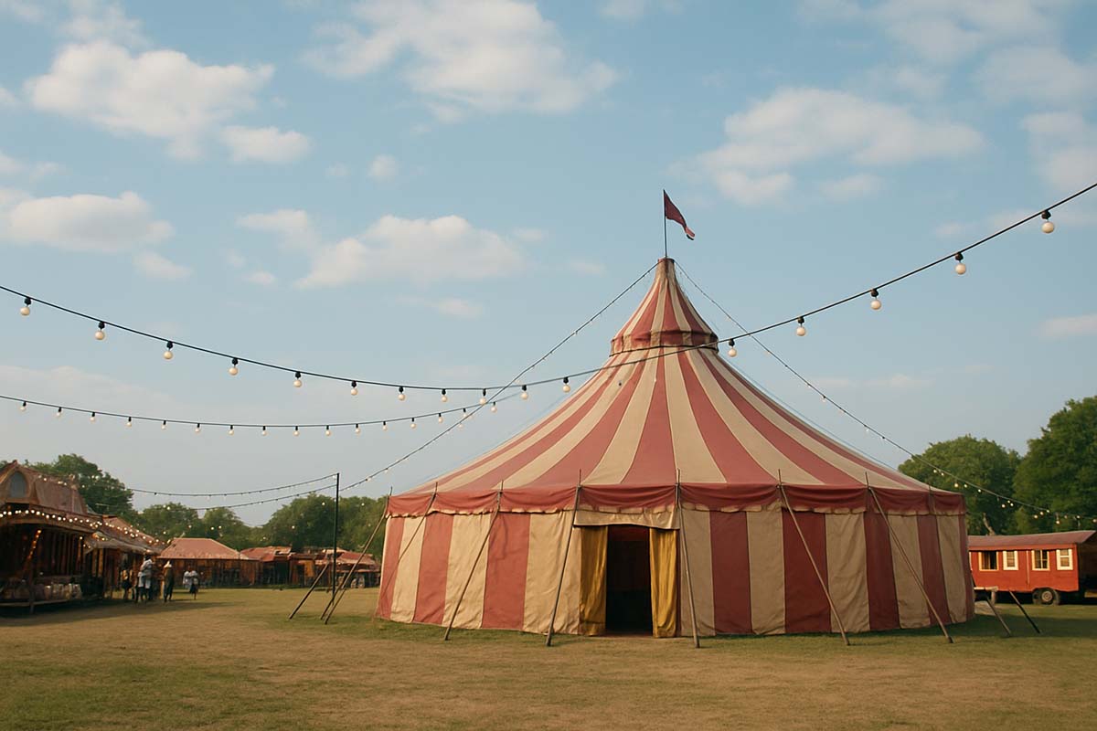 circus - Low Two Pair A glowing circus tent at night with warm lights creating a whimsical, peaceful atmosphere.