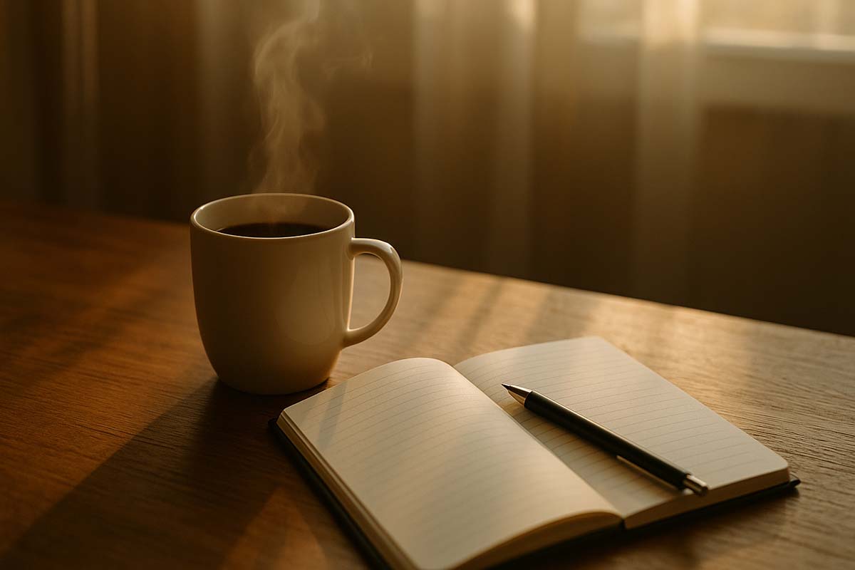 A quiet morning scene — a steaming cup of coffee beside an open notebook on a wooden table, bathed in soft early sunlight.