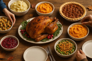 a thanksgiving dinner table full of food
