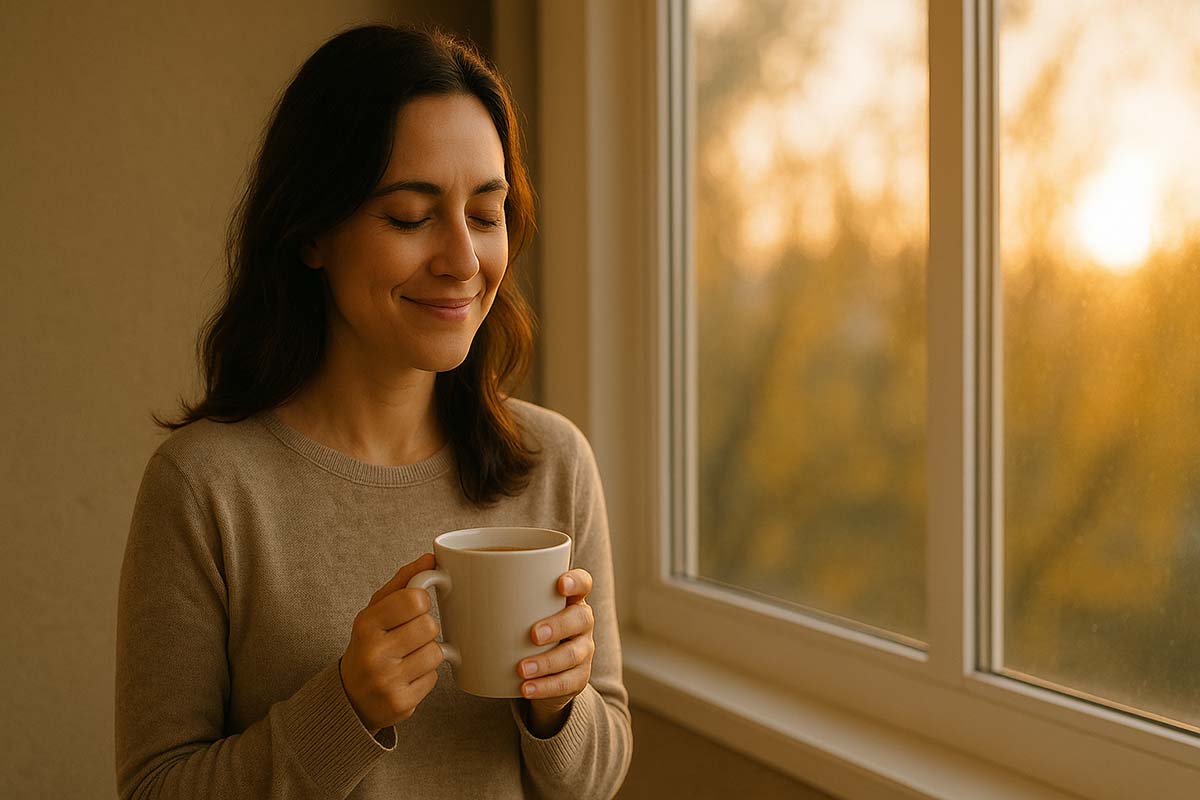 gratitude - Low Two Pair Person smiling softly while holding a coffee cup in warm morning sunlight, representing quiet gratitude.