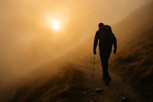 A person climbing a misty mountain at dawn, symbolizing persistence, resilience, and renewal.