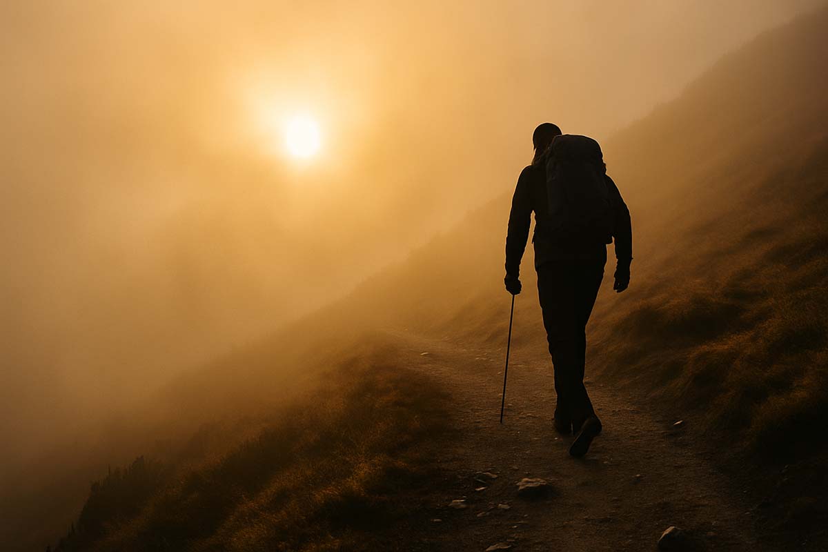 hiker - Low Two Pair A person climbing a misty mountain at dawn, symbolizing persistence, resilience, and renewal.