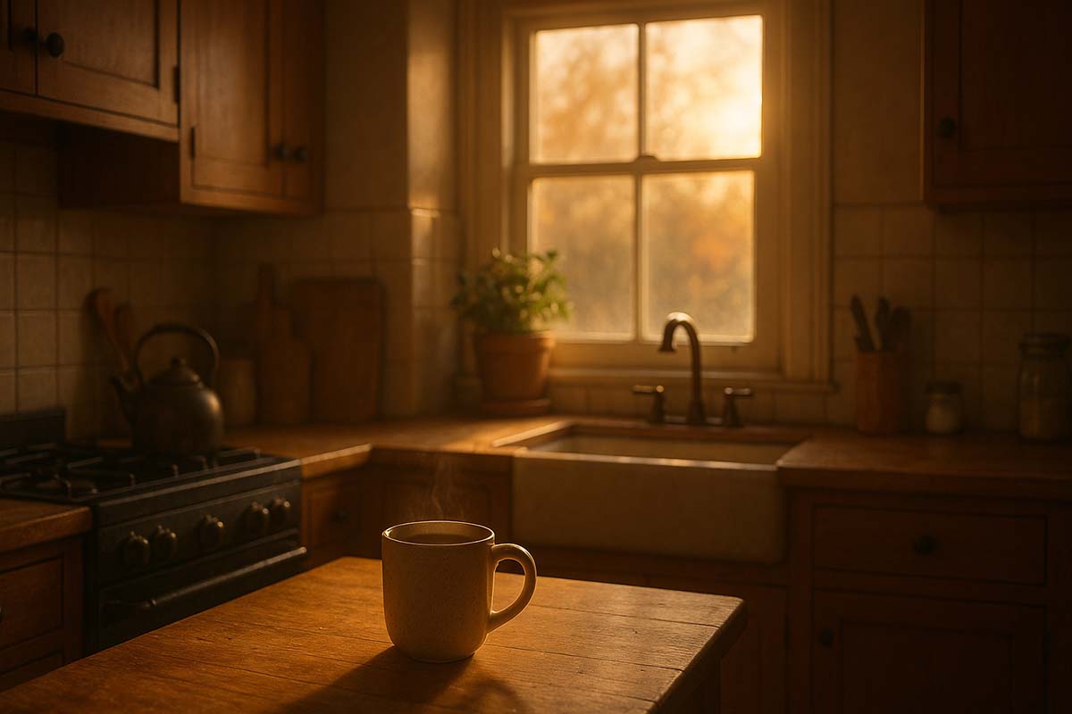 kitchen-day - Low Two Pair A peaceful kitchen at sunrise with a warm cup of coffee on the counter, suggesting a calm start to Thanksgiving morning.