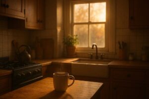 A peaceful kitchen at sunrise with a warm cup of coffee on the counter, suggesting a calm start to Thanksgiving morning.