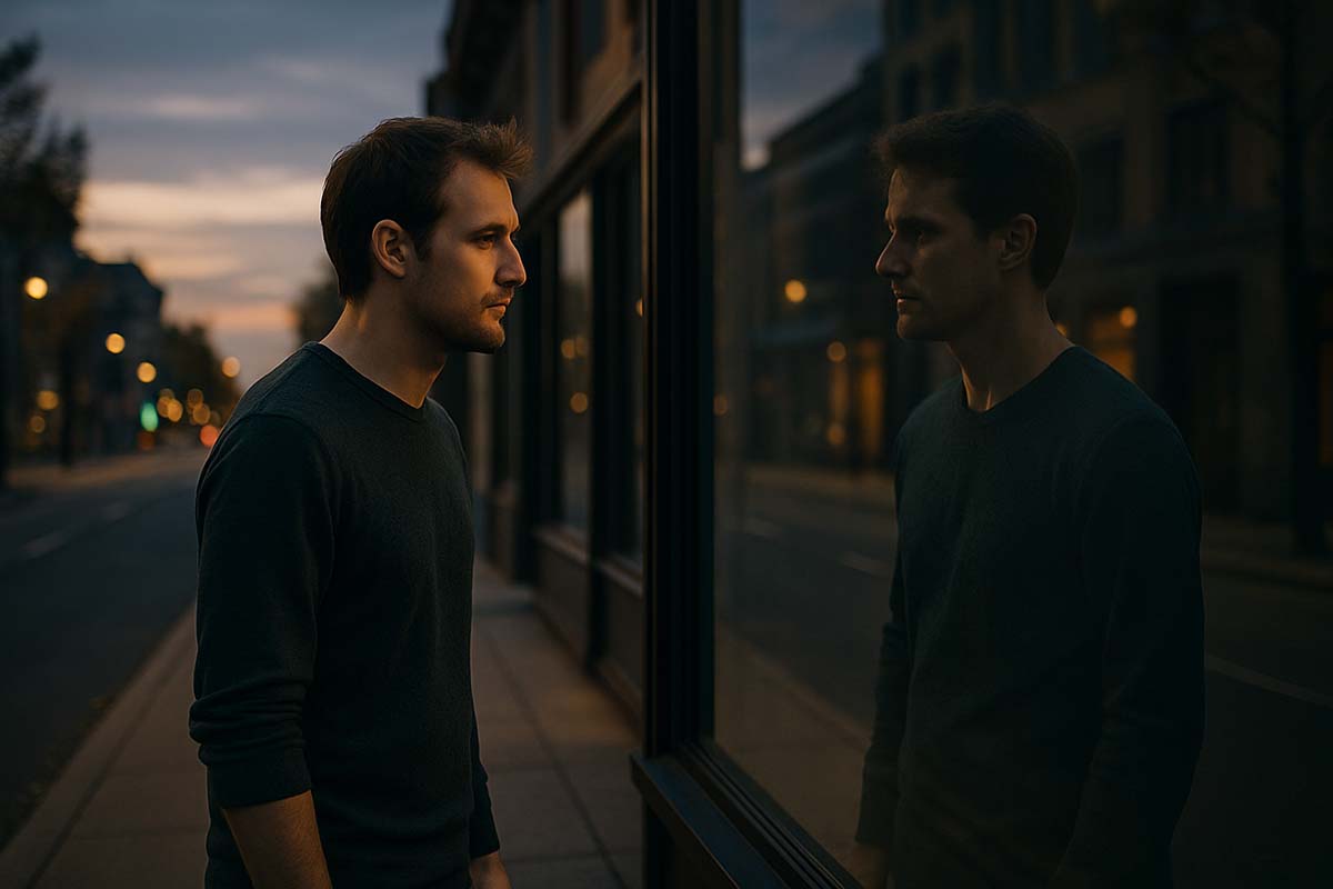 myself - Low Two Pair “Person standing at twilight looking at their own reflection, symbolizing self-reflection and time travel.”