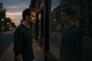 “Person standing at twilight looking at their own reflection, symbolizing self-reflection and time travel.”