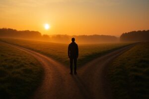 A contemplative person stands at a crossroads at sunrise, symbolizing choice and personal direction in life.