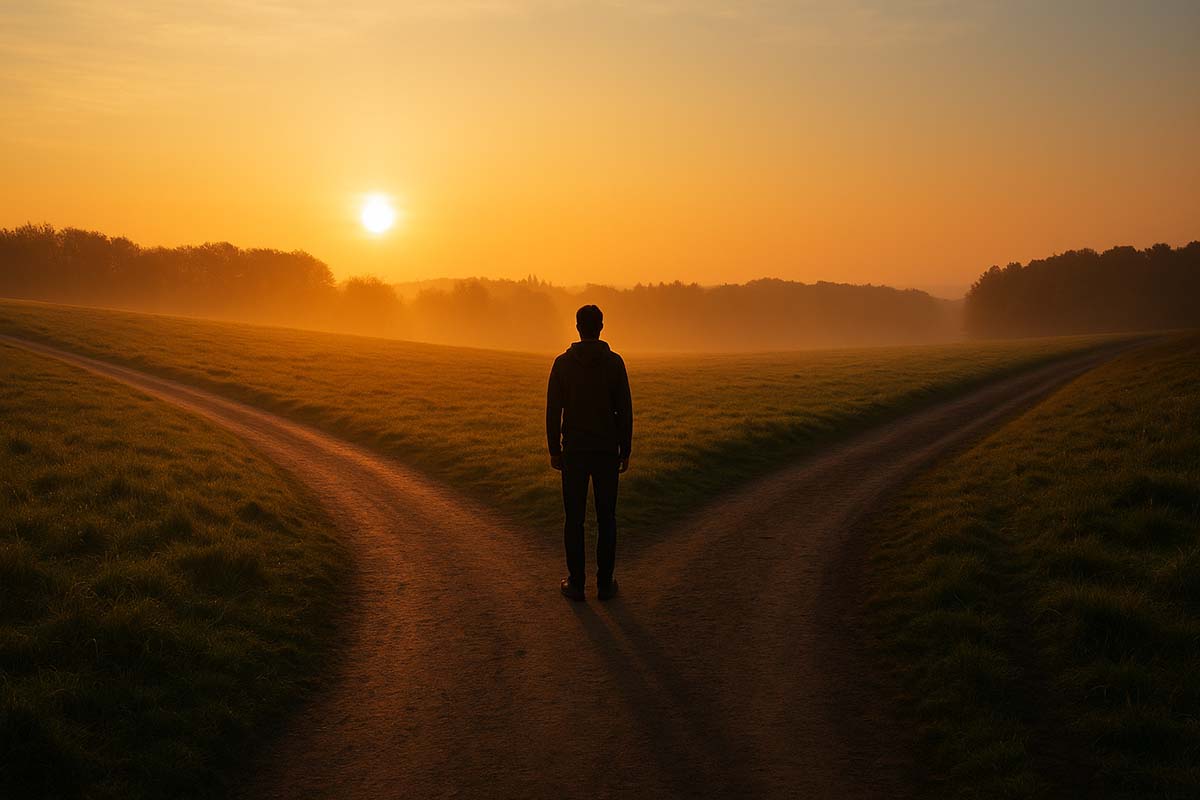 path - Low Two Pair A contemplative person stands at a crossroads at sunrise, symbolizing choice and personal direction in life.