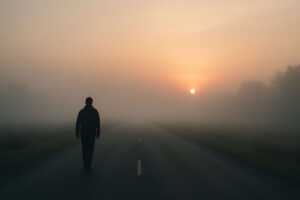 Person walking alone on a foggy morning road with soft sunrise light in the distance.