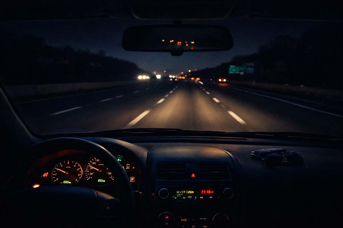 A nighttime highway seen from inside a moving car. The dashboard lights glow softly. The road stretches forward into darkness, headlights carving a narrow path. There’s motion, but not panic.