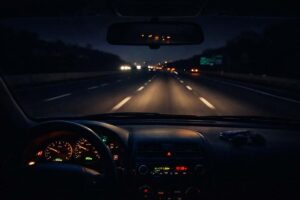 A nighttime highway seen from inside a moving car. The dashboard lights glow softly. The road stretches forward into darkness, headlights carving a narrow path. There’s motion, but not panic.