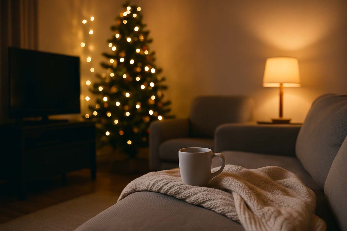 comfort - Low Two Pair Cozy living room during the holidays with soft lights and a quiet, relaxed atmosphere.